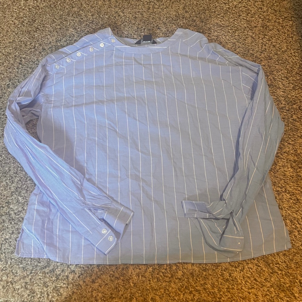 Sabie‎ Striped Button Shoulder Long Sleeve Blouse Top Blue White Size M